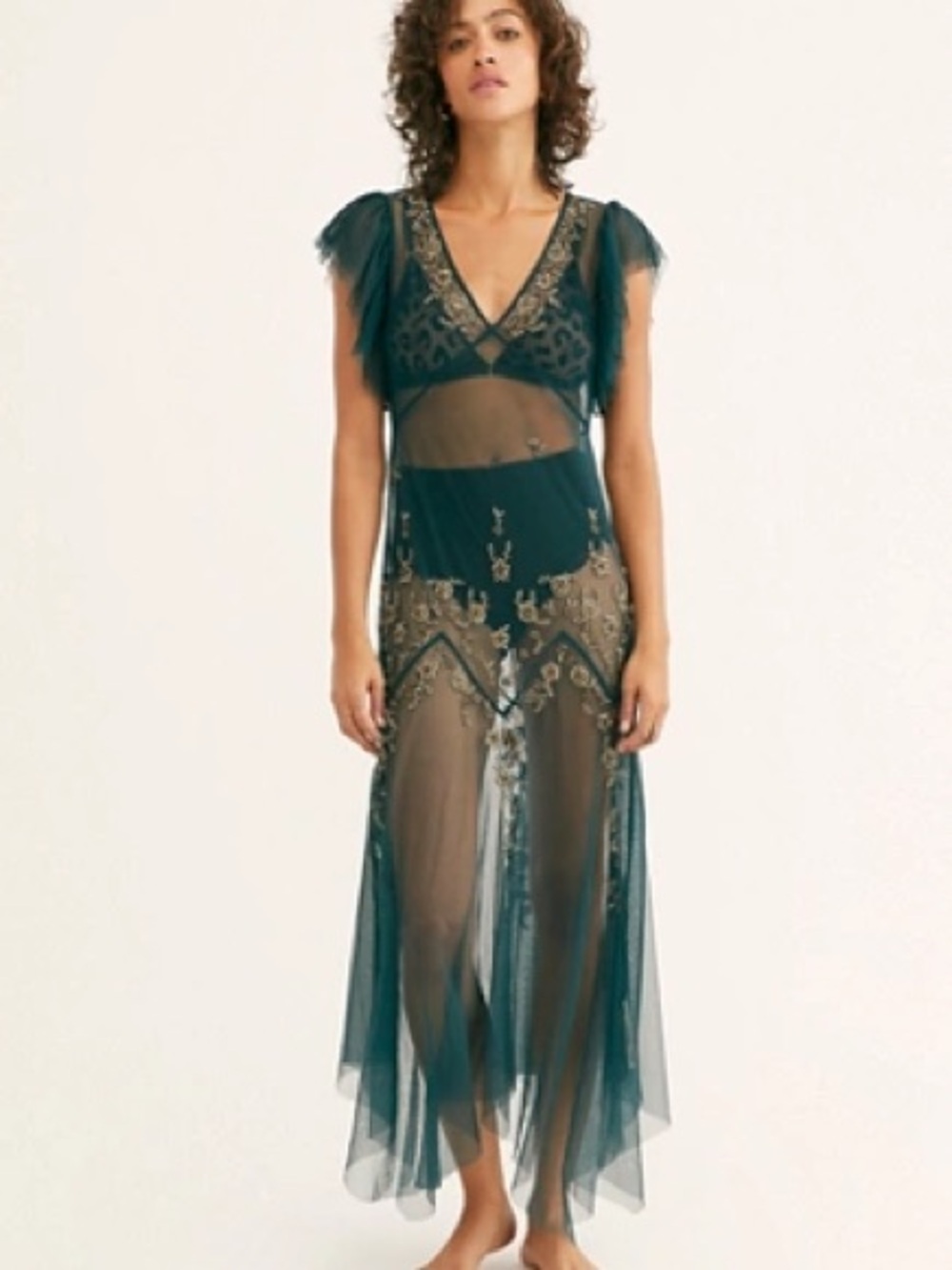 Free People Annabelle Sheer Black Mesh Maxi Dress with Gold Embroidery NEW - Picture 4 of 13